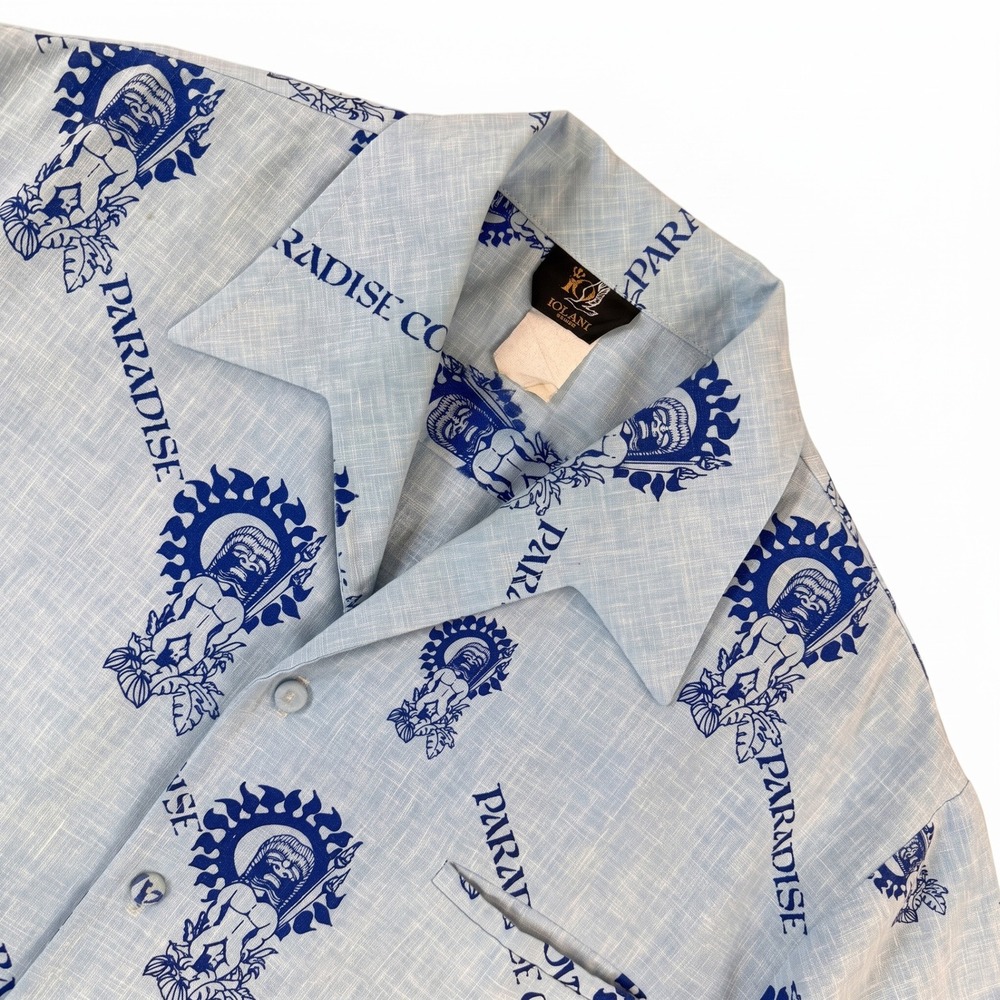 Vintage 1980s Iolani Paradise Cove Hawaiian Shirt XL Blue Barkcloth Tiki Aloha